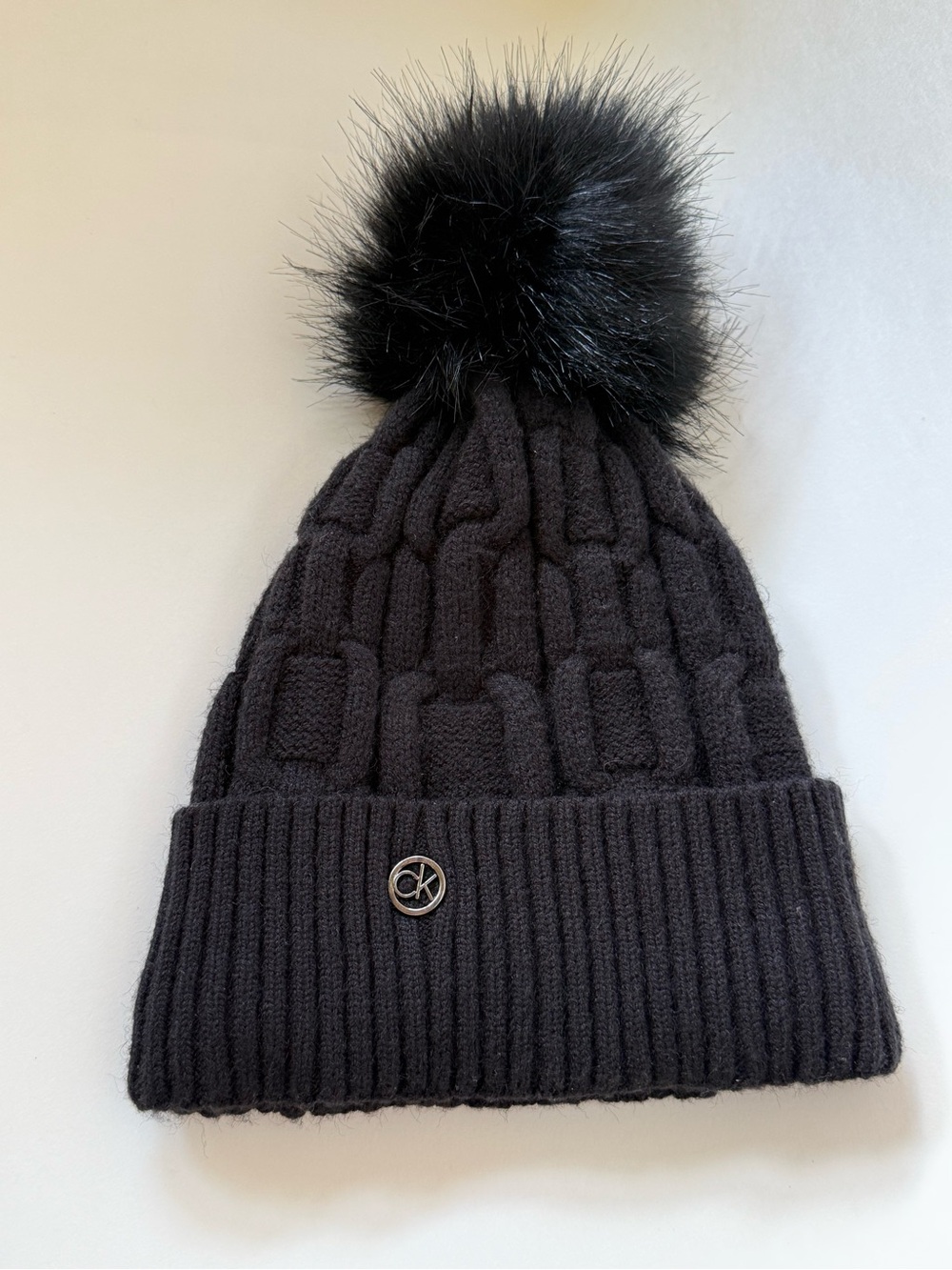 Calvin Klein Black Cable Knit Pom-Pom Beanie